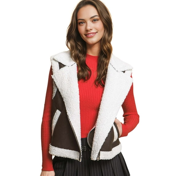 Love Tree Women's Juniors Faux Leather Sherpa Trim Moto Vest (Brown, Medium)