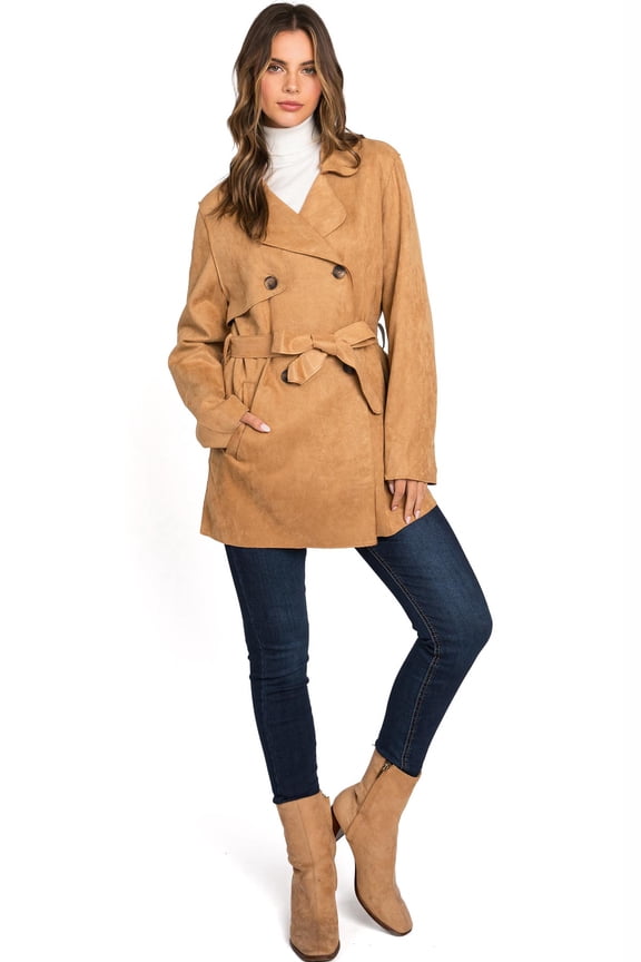 Women's Juniors Faux Suede Light Layering Trench Coat (Camel, Medium)