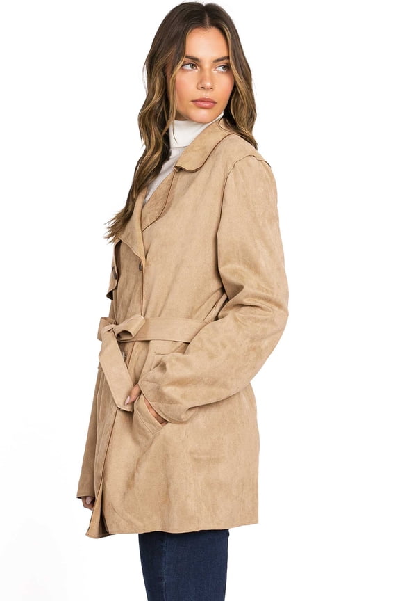 Women's Juniors Faux Suede Light Layering Trench Coat (Khaki, Medium)