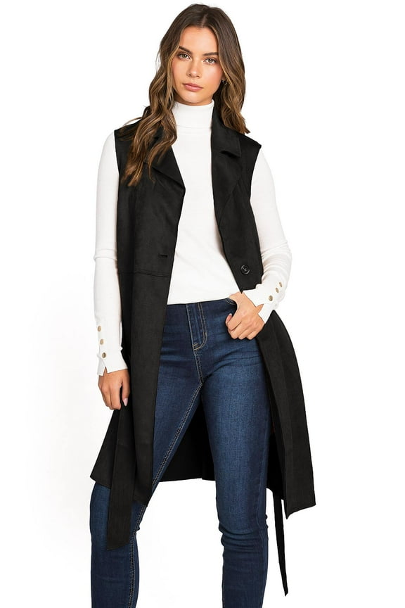 Women's Juniors Faux Suede Light Layering Trench Vest (Black, Medium)
