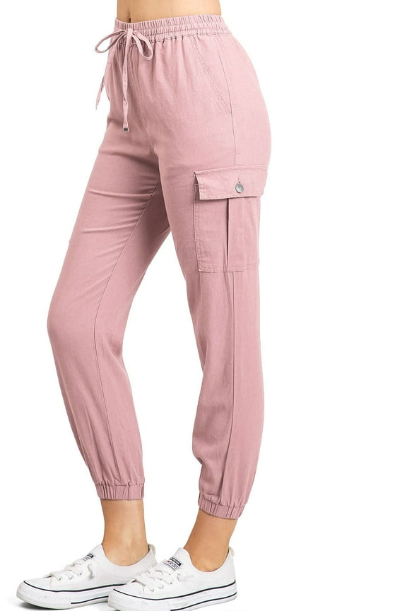 Women's Juniors High Rise Crop Linen Jogger Pants (Large, Mauve)
