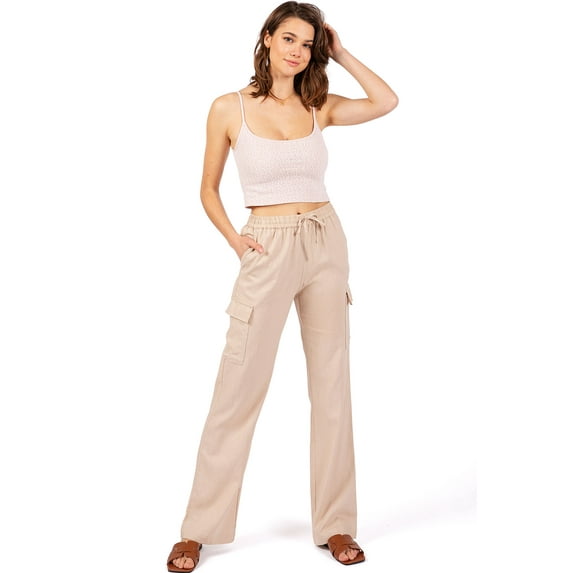 Love Tree Women's Juniors High Rise Linen Cargo Pants (Khaki, Medium)