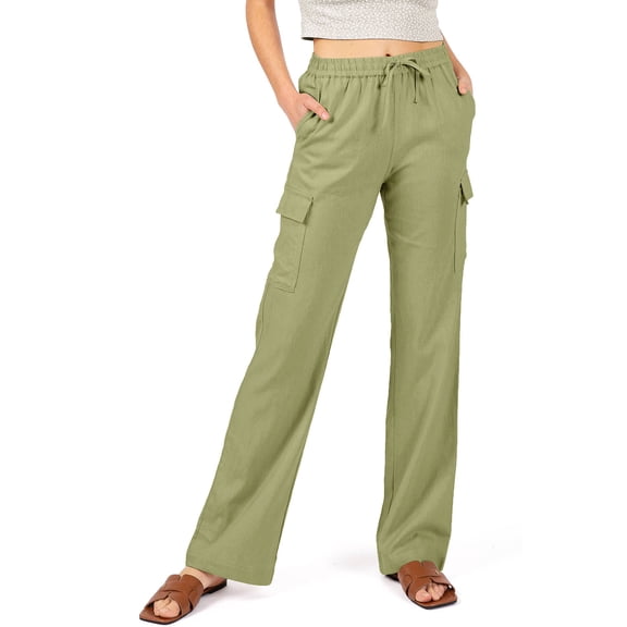Love Tree Women's Juniors High Rise Linen Cargo Pants (Light Olive, Small)