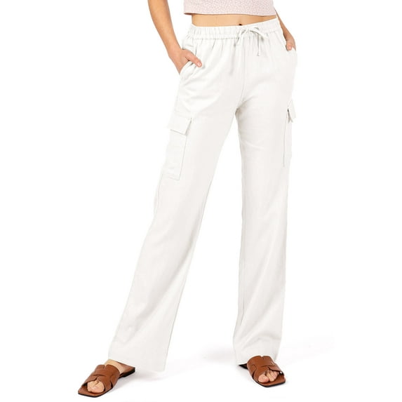 Love Tree Women's Juniors High Rise Linen Cargo Pants (White, Small)