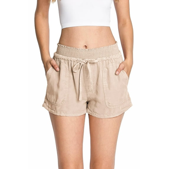 Love Tree Women's Juniors High Rise Smocked Waist Shorts (Khaki, Small)