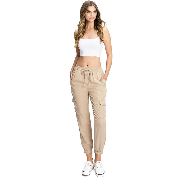 Love Tree Women's Juniors High Rise Tencel Joggers (Cargo Khaki, Medium)