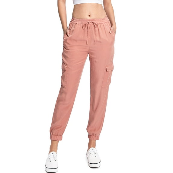 Love Tree Women's Juniors High Rise Tencel Joggers (Cargo Light Clay, Large)