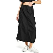Love Tree Women's Juniors Nylon Parachute Cargo Maxi Skirt (Black, Small)