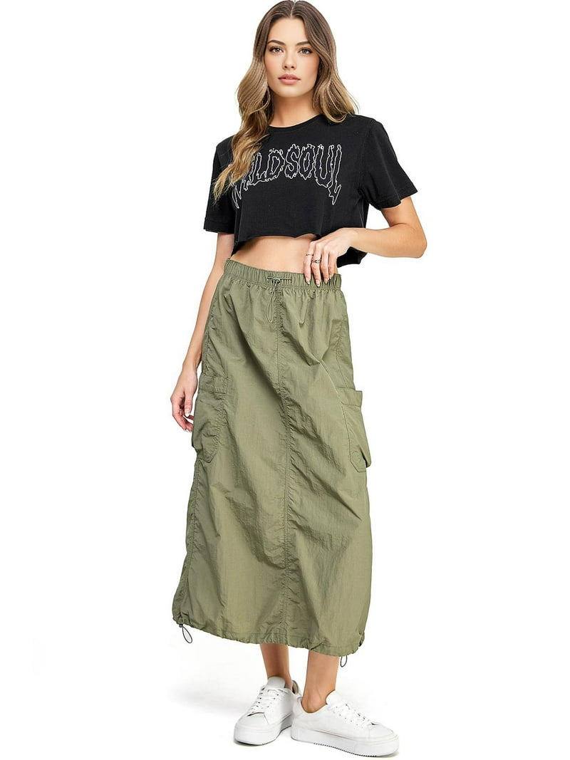 Love Tree Women's Juniors Nylon Parachute Cargo Maxi Skirt (Light