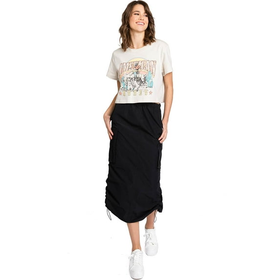 Love Tree Women's Juniors Parachute Cargo Midi Skater Skirt (Black-B, Small)