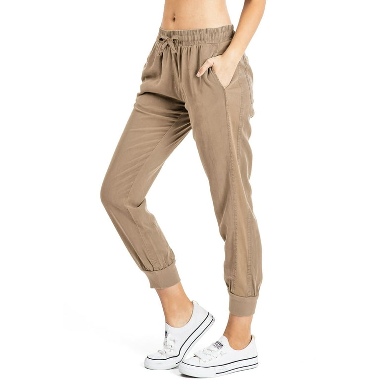 Love Tree Women s Juniors Petite High Rise Tencel Ankle Joggers Camel Small