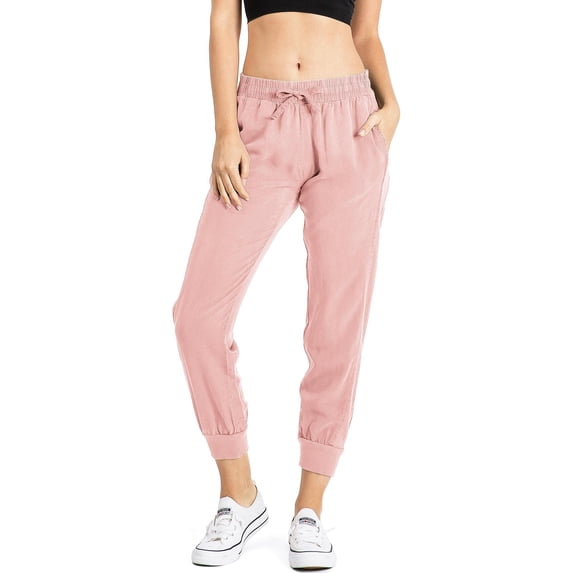 Love Tree Women's Juniors Petite High Rise Tencel Ankle Joggers (Pink, Small)