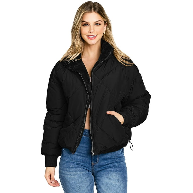 Love Tree Women s Juniors Reversible 2 in 1 Teddy Bear Puffer Jacket Black Medium Walmart