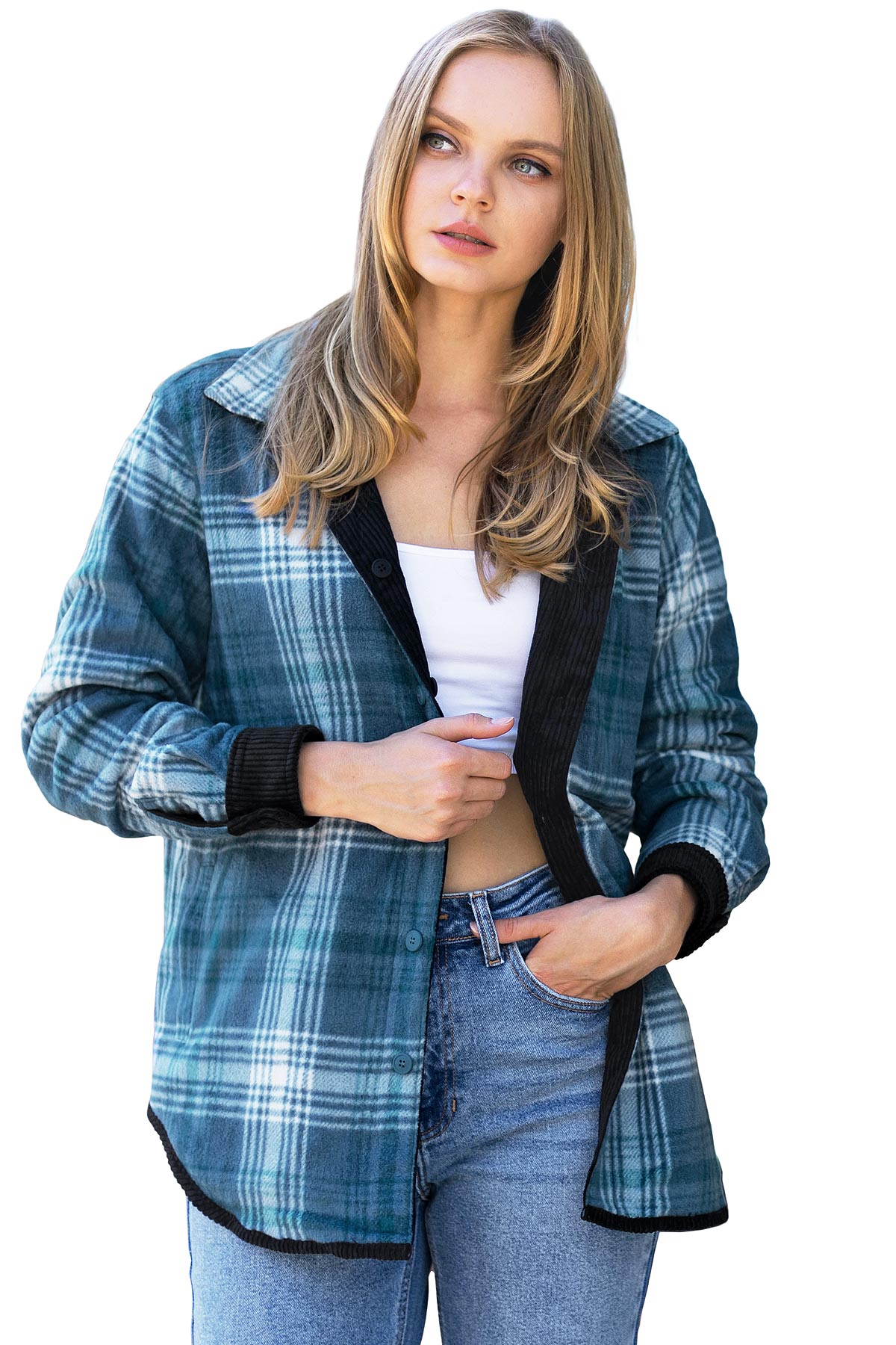 Love Tree Women's Juniors Reversible Corduroy Plaid Flannel Shacket ...