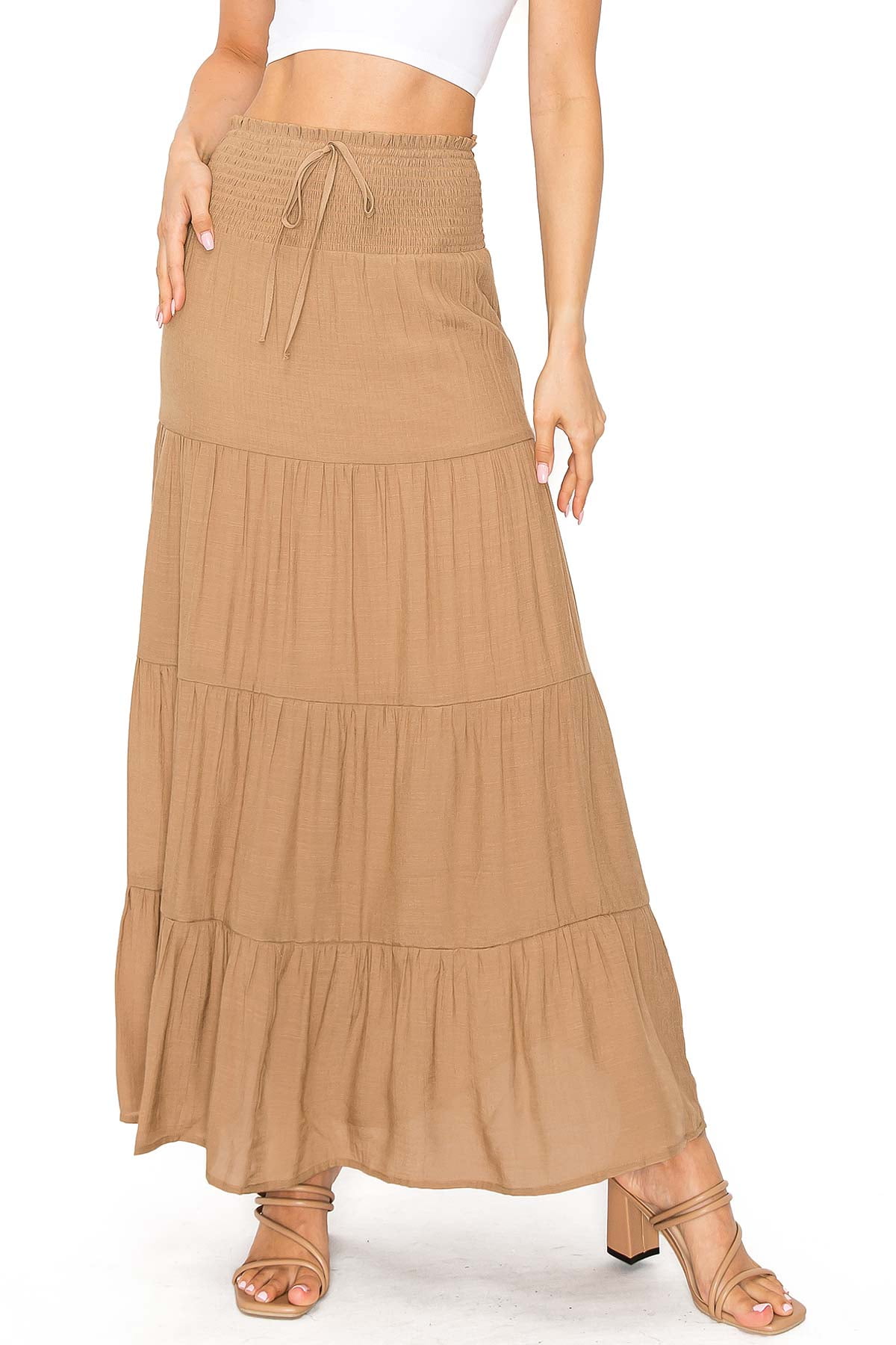 ★韓国★MILLIONDAY★RIBBONIE LONG SKIRT★3color Love Tree Women's Juniors Smocked Waist Shirred Boho Maxi