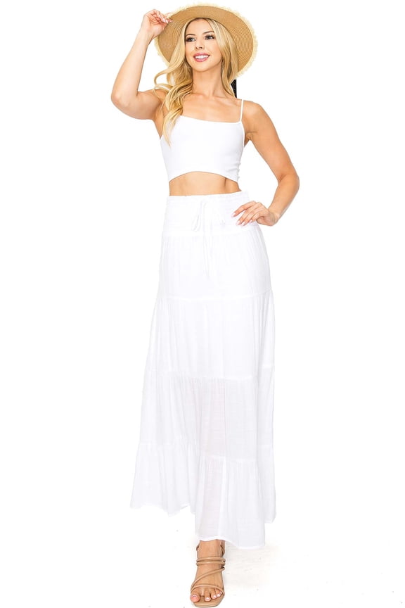 Women's Juniors Smocked Waist Shirred Boho Maxi Skirt (White, Small)