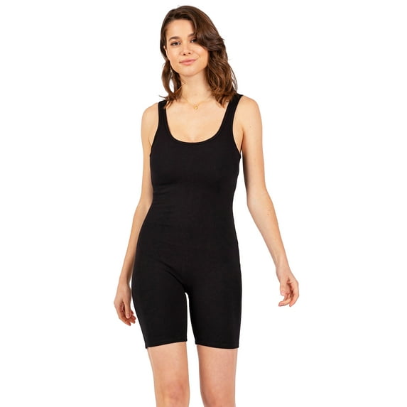 Love Tree Women's Juniors Stretchy Thick Spandex Bodysuit Romper (Black, Large)