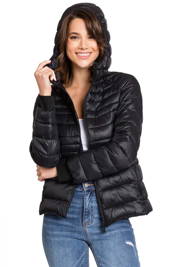 Women's Juniors Ultra Light Slim Packable Quilted Travel Jacket (Black Hooded, Medium)