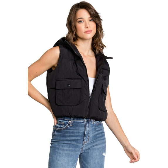 Love Tree Women's Juniors Water Resistant Synthetic Down Puffer Vest (Black-D, Small)