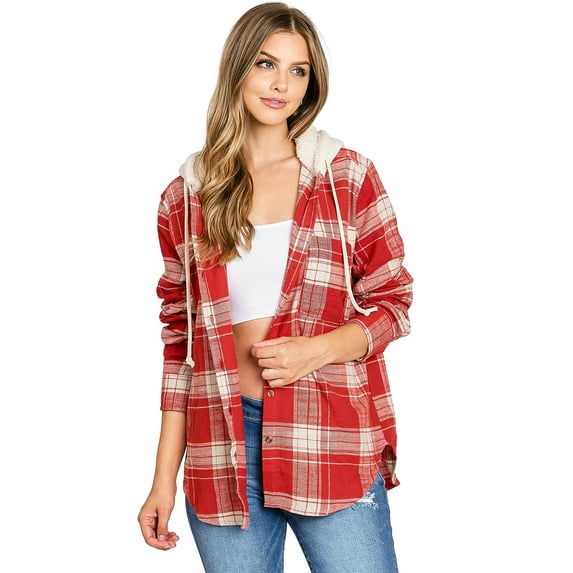 Love Tree Women's Oversize Plaid Hooded Flannel Shirt (Large, Red)