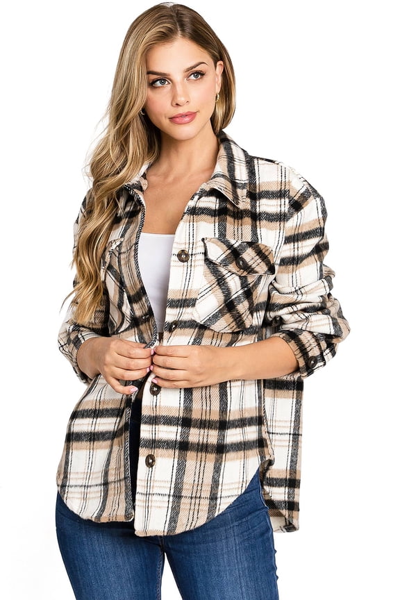 Women's Oversize Plaid Shirt Coat Shacket (Black/Beige, Large)