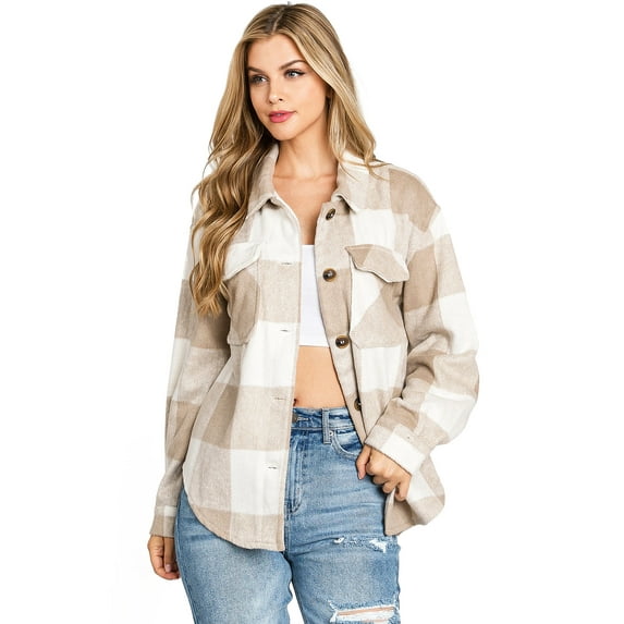 Love Tree Women's Oversize Plaid Shirt Coat Shacket (Medium, Khaki)