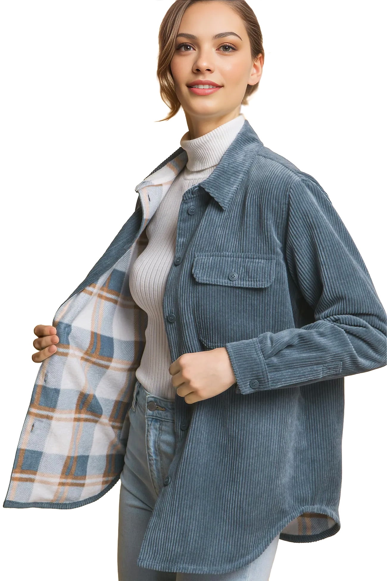 Love Tree Women's Reversible Corduroy Plaid Flannel Shacket (Blue Stone ...