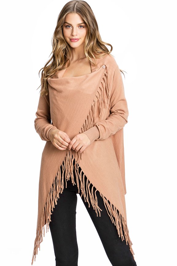 Women's Soft Cozy Fringe Convertible Poncho Cardigan (Clay, Small)