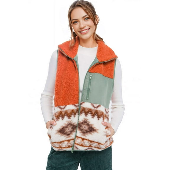 Love Tree Women's Soft Sherpa Bohemian Southwest Vest (Clay, Medium)