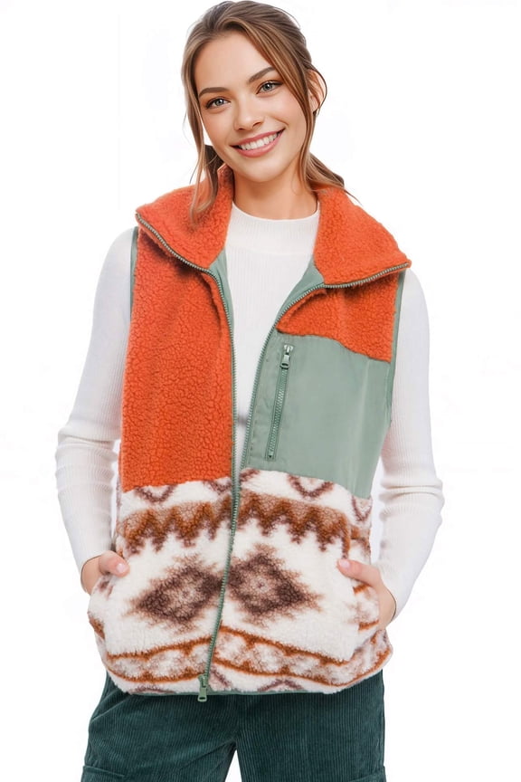 Women's Soft Sherpa Bohemian Southwest Vest (Clay, Medium)