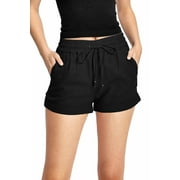 Love Tree Womens Juniors Breeze Linen, Side Pockets Cuffed Shorts Black, Small