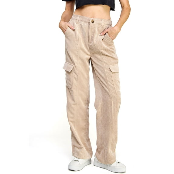 Love Tree Womens Juniors Corduroy High Rise Trouser Pants (Khaki, Small)
