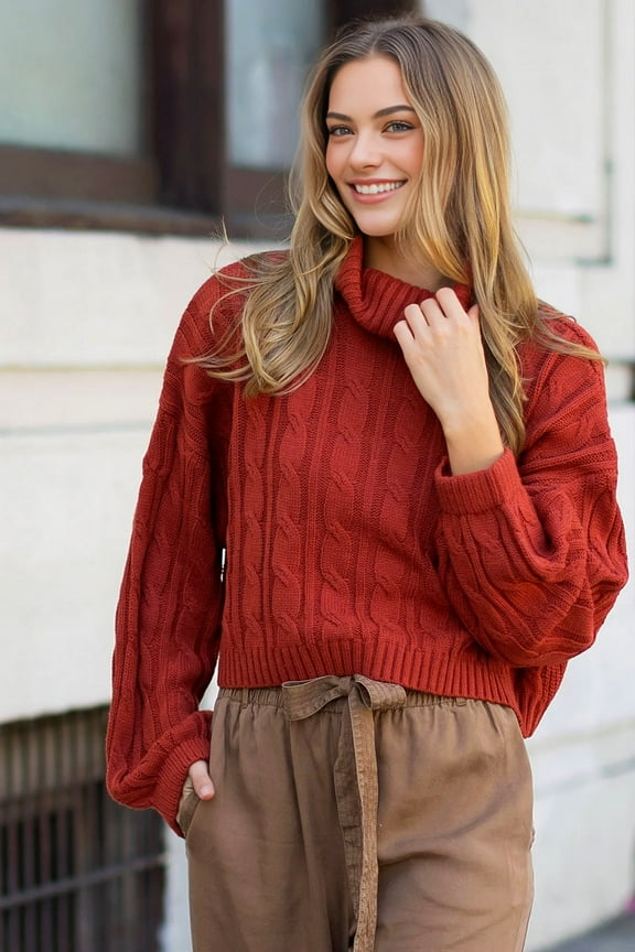Womens Slouchy Cable Knit Turtleneck Sweater (Terracotta, Large)