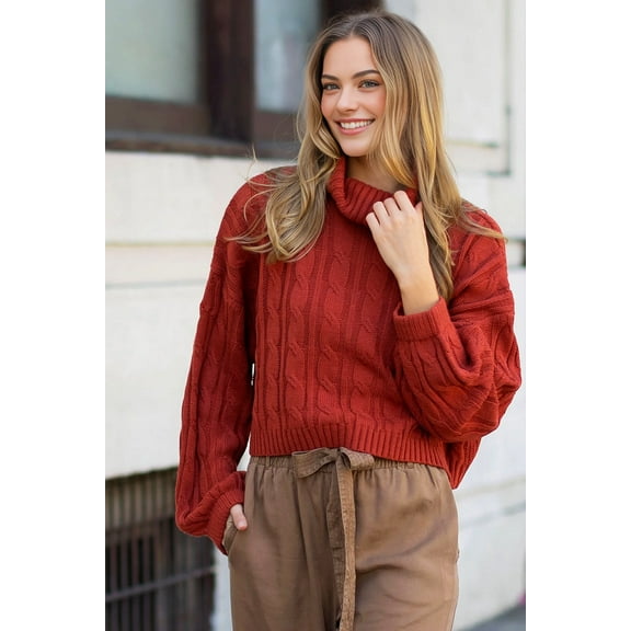 Love Tree Womens Slouchy Cable Knit Turtleneck Sweater (Terracotta, Medium)