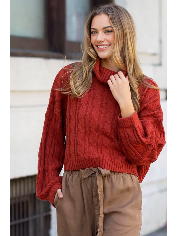 Womens Slouchy Cable Knit Turtleneck Sweater (Terracotta, Small)
