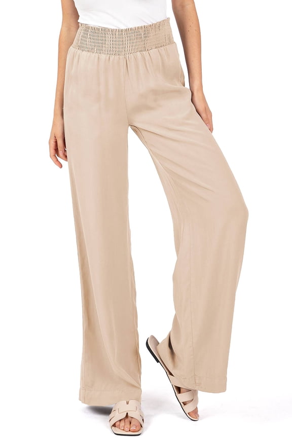 Womens Smocked Waist Wide-Leg Tencel Summer Pants (Khaki, Large)