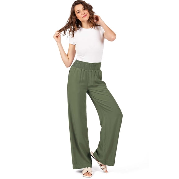 Love Tree Womens Smocked Waist Wide-Leg Tencel Summer Pants (Olive, Large)