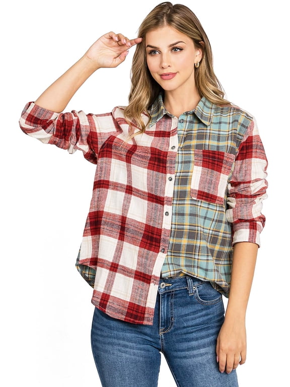 Womens Spliced Plaid Button Down Flannel (S, Red)
