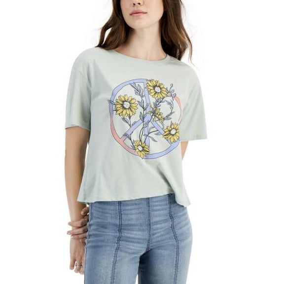 Love Tribe Juniors' Graphic-Print T-Shirt Aqua Grey Short Sleeve Floral Size S