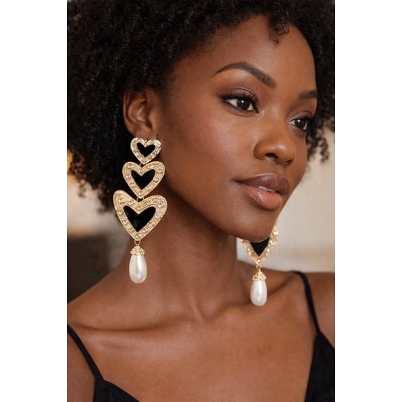 RubyLee Elegance Heart Drop Gold, Black, Teardrop Pearl Geometric Earrings, Stainless Steel, 2