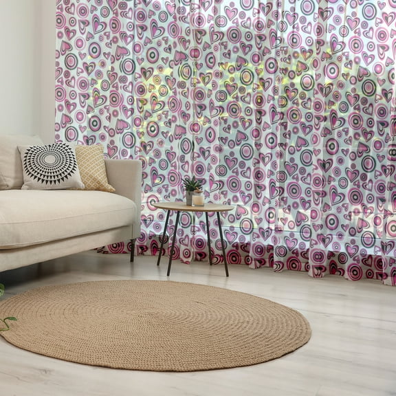 Love Tulle Curtains with Rod Pocket, Pink Hearts and Circles Doodle Style Romantic Floral Design, Sheer Drape for Wedding Party 2 Panels, 7 Sizes, Pink Black White, by Ambesonne