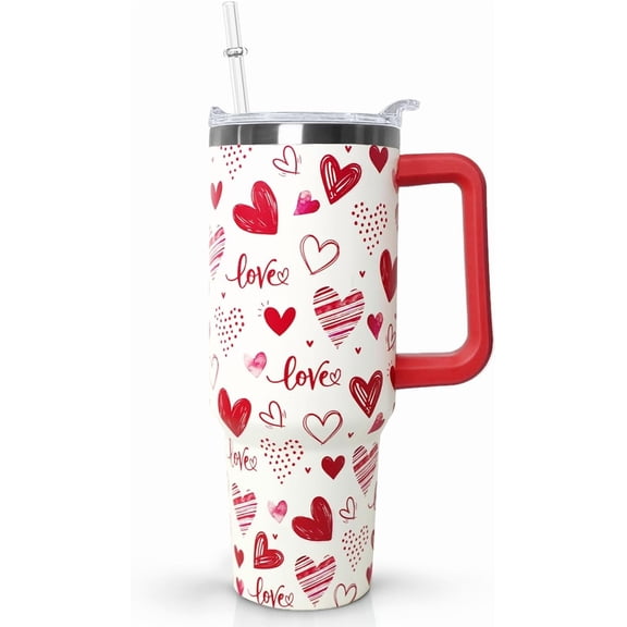 Love Tumbler 40 Oz Valentine Heart Tumbler With Handle,Valentine''s Day Coffee Travel Mug Cup Water Bottle,Heart Decor,Valentine''s Gifts for Wife Girlfriend Bride
