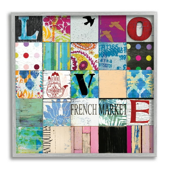 Love Typography Collage Vintage Icons Patchwork Typography Framed Art Print Wall Art, 17x17