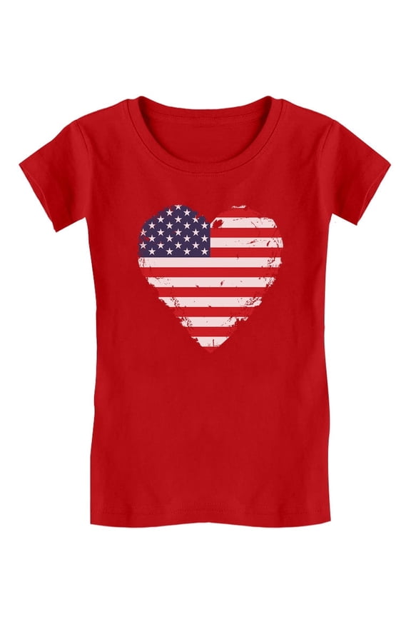 Love USA 4th of July Tstars Girls Fitted T-shirt - American Heart Flag Graphic Tee - Ideal Independence Day Gift for Patriotic Young Girls - Kids Holiday Apparel - S (5-6) Red