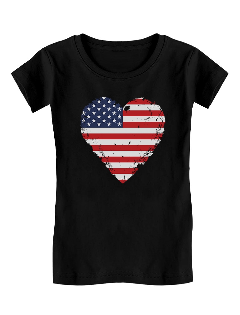 Love USA 4th of July Tstars Girls Fitted T-shirt - American Heart Flag Graphic Tee - Ideal Independence Day Gift for Patriotic Young Girls - Kids Holiday Apparel - XL (11-12) Black - image 1 of 6
