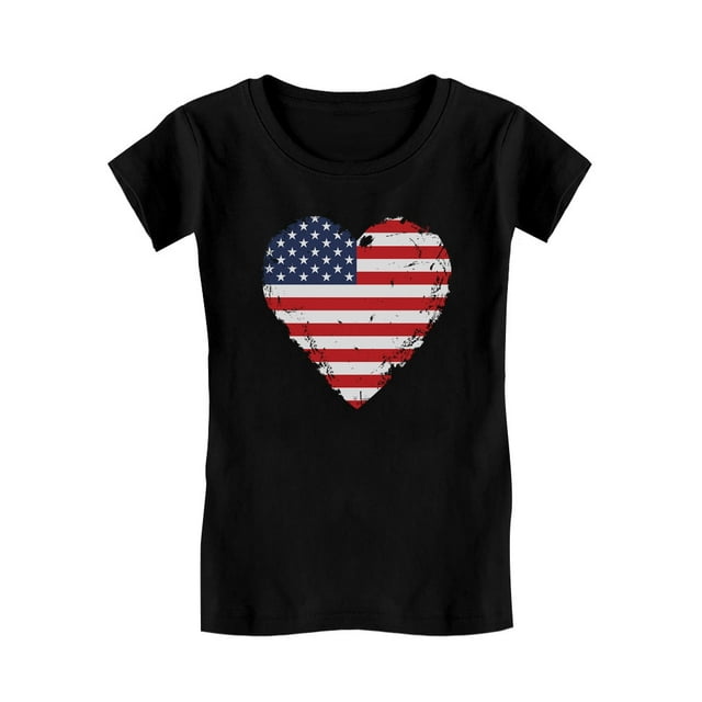 Love USA 4th of July Tstars Girls Fitted T-shirt - American Heart Flag Graphic Tee - Ideal Independence Day Gift for Patriotic Young Girls - Kids Holiday Apparel - XL (11-12) Black