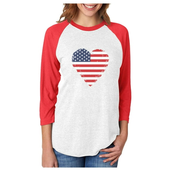Love USA 4th of July Tstars Women's Baseball Jersey Shirt - Patriotic American Heart Flag Design - Perfect Independence Day Gift - 3/4 Sleeve Raglan Tee - Large red/white