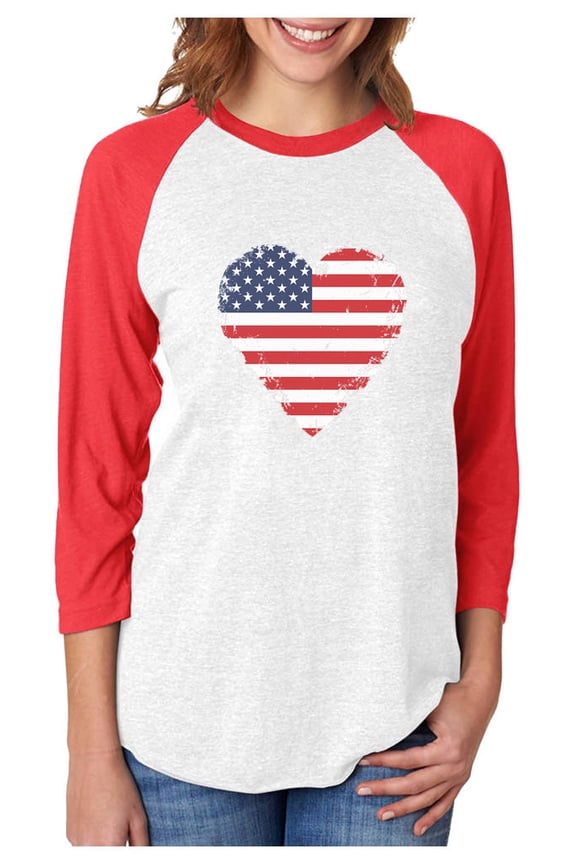 Love USA 4th of July Tstars Women's Baseball Jersey Shirt - Patriotic American Heart Flag Design - Perfect Independence Day Gift - 3/4 Sleeve Raglan Tee - Large red/white