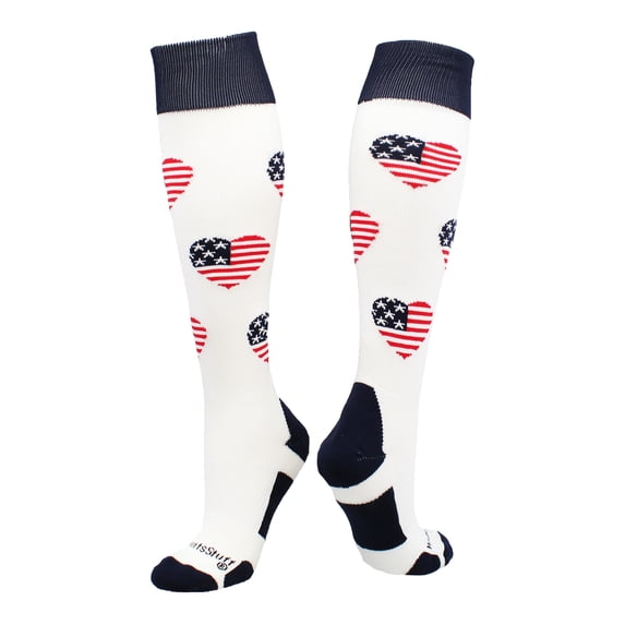 Love USA American Flag Heart Socks Over the Calf (White/Navy/Red, Medium)