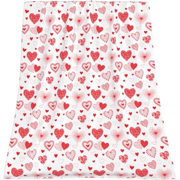 Love Valentine Throw Blanket, Boho Red and White Hearts Designed Super Soft and Warm Fleece Blanket, Fuzzy Soft Throw Blanket for Couch Bed Sofa, 50" x 60"